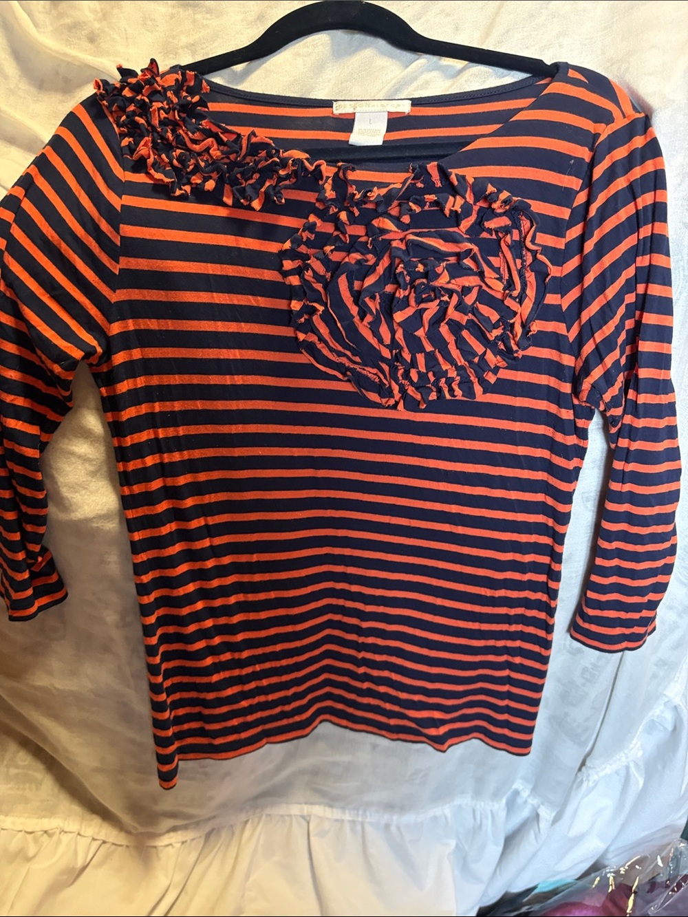 Design History Navy and Orange Striped Ruffle-Accent Top 3/4 Sleeve, 18”-20”PTP
